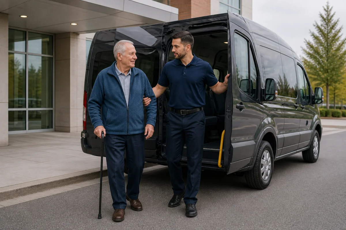 A transport attendant supporting an ambulatory older patient using a cane beside a transport van
