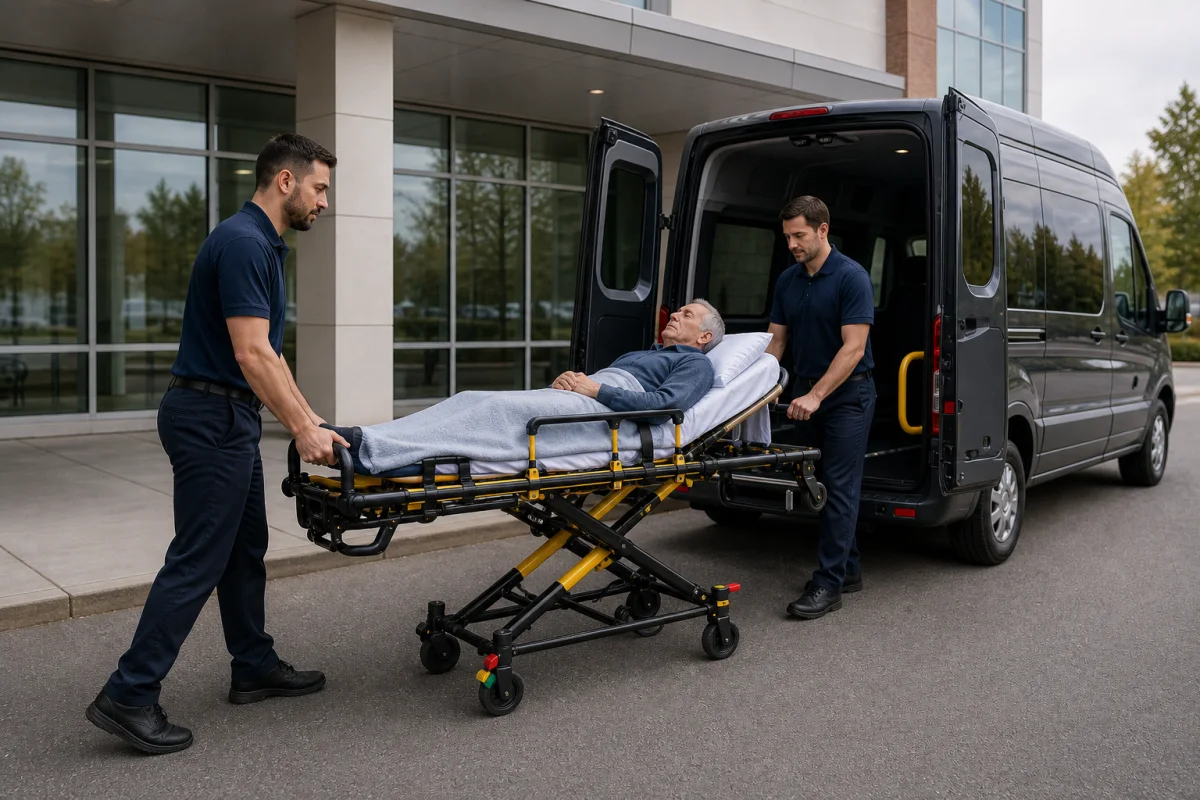 Two transport attendants guiding a patient on a wheeled stretcher toward a patient transport van