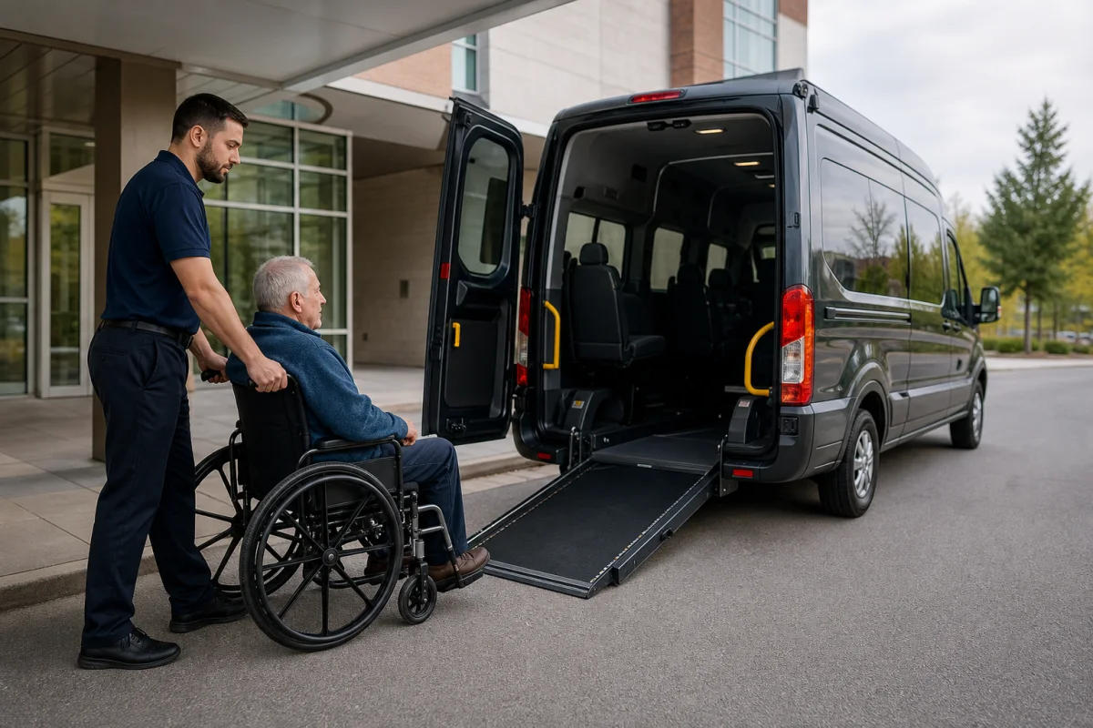 A transport attendant assisting an older patient in a wheelchair toward an accessible van ramp